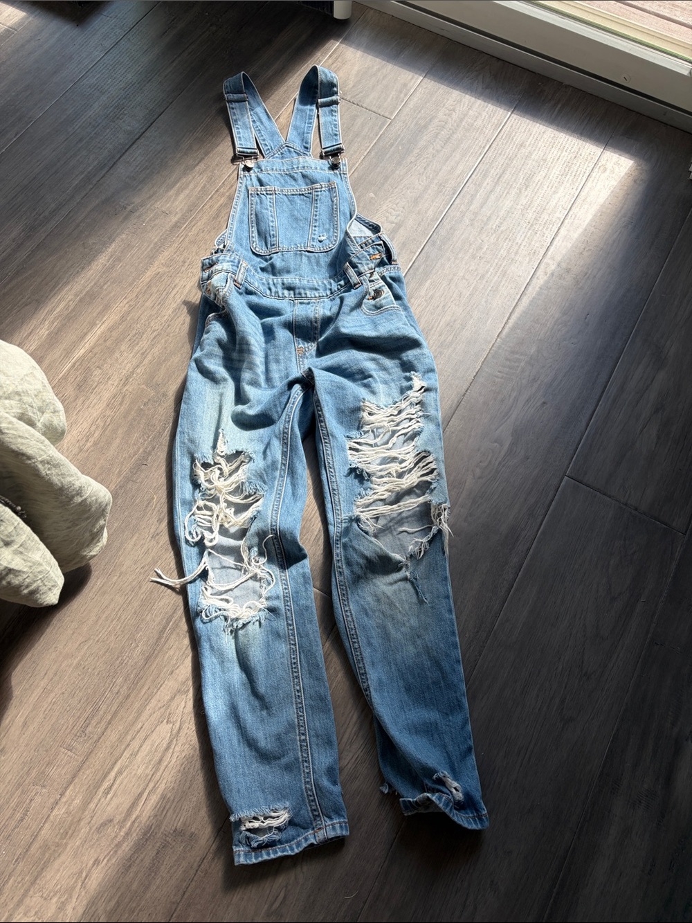 Distressed Denim Overalls XS